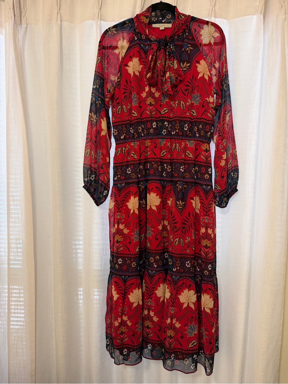 LOFT Red Floral Maxi Dress with Tie Neck